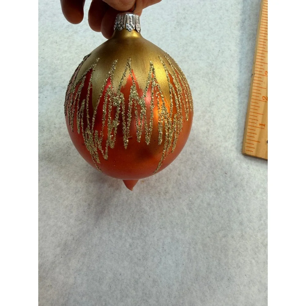 Vintage Style Glass Christmas Ornament Orange Gold Glitter Icicle Teardrop 4.5in